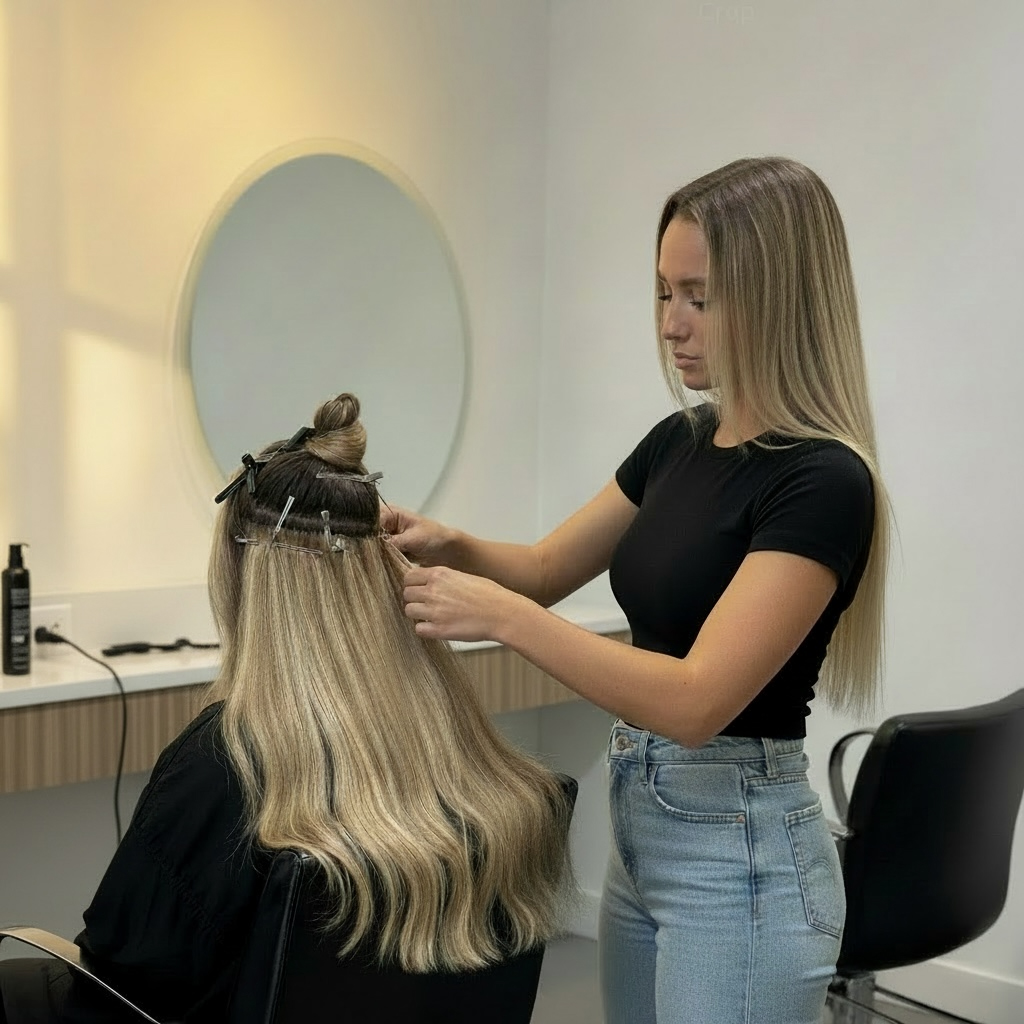 A stylist at a hand-tied weft move-up appointment